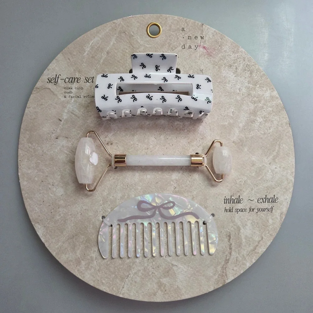 A New Day Self-Care Set White Bow Claw Clip Iridescent Comb Facial Roller 3pc